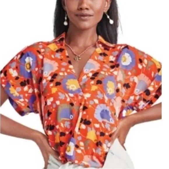 CABI #5892 Visionary Replay Womens Orange Floral V-neck Shirt Size Small - Picture 1 of 9